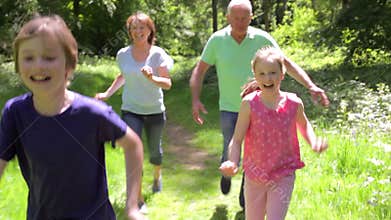 Grandparents Chasing Grandchildren Along Woodland Path