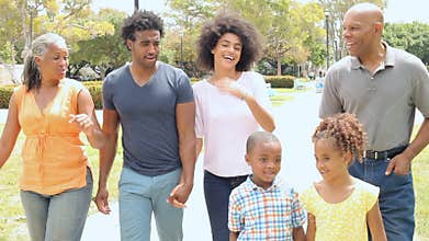 Multi Generation Family Playing Walking In Park Together