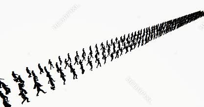 4k Crowd Of People walking turned into a row array, businessman silhouette, army matrix.