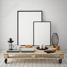 Mock up poster frames with vintage hipster loft interior background,