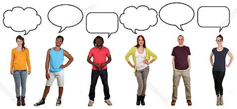Group of young people saying opinion with speech bubble and copy