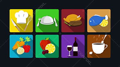 Dining icon animation: cooking,chicken. fish, vegetables, fruits, wine, coffee.