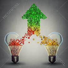 Success two glass light bulbs releasing gears in shape of upward arrow