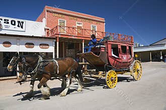 Tombstone, Arizona, USA, April 6, 2015, stage coach in old western town home of Doc Holliday and Wyatt Earp and Gunfight at the