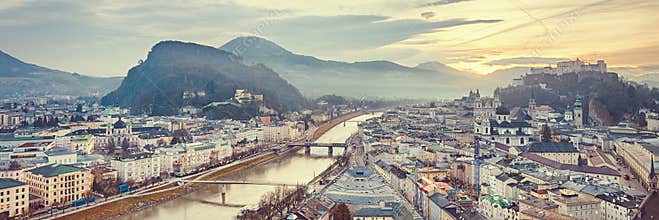 Sunrise view of the historic city Salzburg