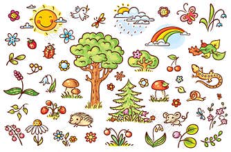 Cartoon nature set with trees, flowers, berries and small forest animals