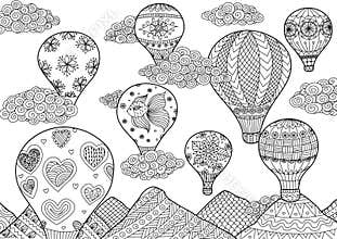 Hot air balloon flying, zentangle stylized for coloring book for anti stress for both adult and children - stock
