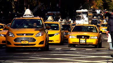 Yellow Cab driving in Manhattan New York USA cityscapes
