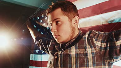 Latinos American caucasian male with American flag
