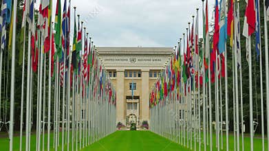 United Nations building with flags, Geneva, Switzerland, 4K