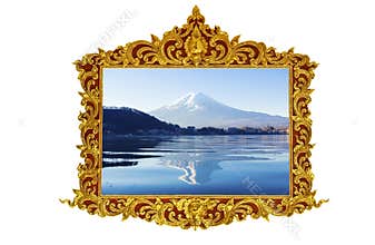 Fuji mt. in old antique gold frame Stucco walls greek culture roman vintage style pattern line design for border isolated on white