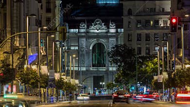 Rays of traffic lights timelapse on Gran via street, main shopping street in Madrid at night. Spain, Europe.