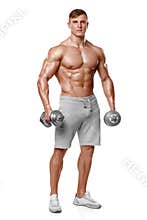 athletic man showing muscular body with dumbbells, full length, isolated over white background. Strong male naked torso abs