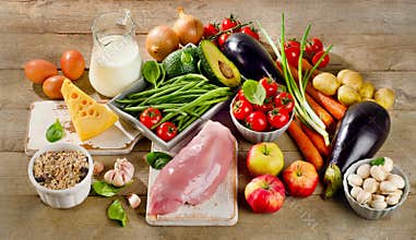 Balanced diet, cooking and healthy food concept on wooden table.
