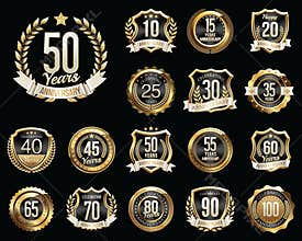 Set of Golden Anniversary Badges. Set of Golden Anniversary Signs.