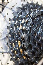 Dirty lubricant grease on bike chain cassette
