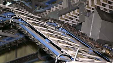 Newspapers move along an assembly line in a factory