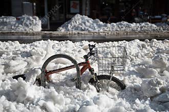 Bicycle Buried in Deep Snow After Blizzard