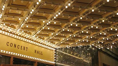 High definition of blinking concert hall ceiling lights on broadway along a entertainment street 1080p