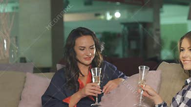 Two women chatting, drinking champagne and smiling in home