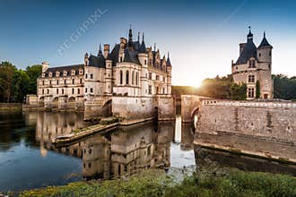 The Chateau de Chenonceau castle at sunset, France