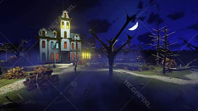 Scary haunted mansion at misty night 4K
