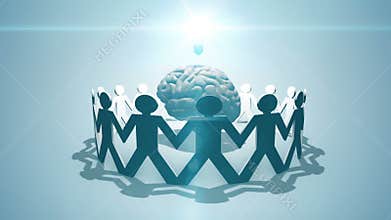 Crowdsourcing and crowdfundng - paper chain of people surrounding lightbulb and brain concept