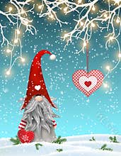 Scandinavian christmas traditional gnome, Tomte standing uder branches decorated with electric lights and hanging red