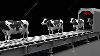 Cows on the conveyor belt, 4K. Seamless loop, alpha channel.