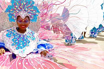 A young girl wears a costume depicting the Buccoo Reef in Tobago as part of the national cultural underwater heritage