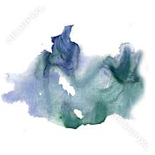 Ink splatter watercolour dye blue green liquid watercolor macro spot blotch texture isolated on white background