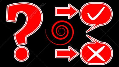 Quiz intro animation with animated question mark, yes button, no button in callouts, arrows. Video intro to training, workshop, ed
