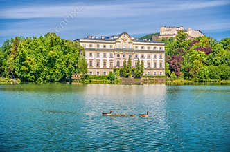 Schloss Leopoldskron with Hohensalzburg Fortress in Salzburg, Austria
