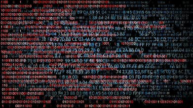 Binary code. Hexadecimal code running up a computer screen. Blue digits.