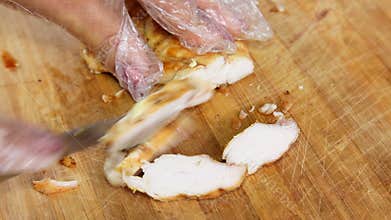 Hands cut fried chicken steak