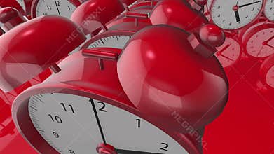 Alarm clocks in rows in red color