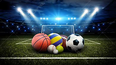 All sports balls in stadium 3d