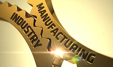 Manufacturing Industry on Golden Metallic Cog Gears. 3D.