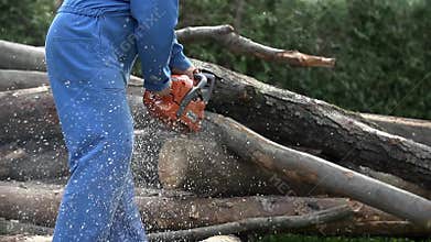 Cutting through wood on pile of logs in slow motion fall down