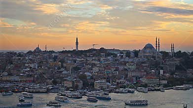 The historic center of Istanbul at sunset. Golden Horn, Turkey.