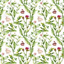 Meadow flowers, tiny rabbits. Seamless pattern. Watercolor