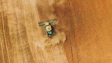 Aerial view of wheat harvest with modern combine in fields in 4K