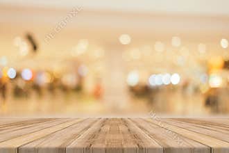 Wooden board empty table blurred background. Perspective brown w