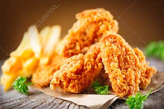 Crispy fried chicken wings on wooden table
