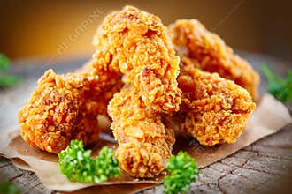Crispy fried chicken wings on wooden table