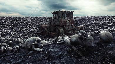 Old bulldozer and pile of skulls. Apocalypse and hell concept. Realistic cinematic 4k animation.