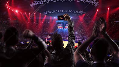 Fans on basketball court in game