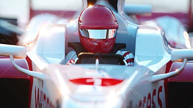 Racer in a racing car. Race and motivation concept. Wonderfull sunset. Realistic 4k animation.