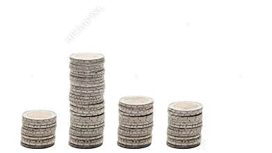 Five stacks of coins rise, fall and rise again - Stop Motion.