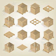 Realistic wooden box with pallet isometric, vector illustration.